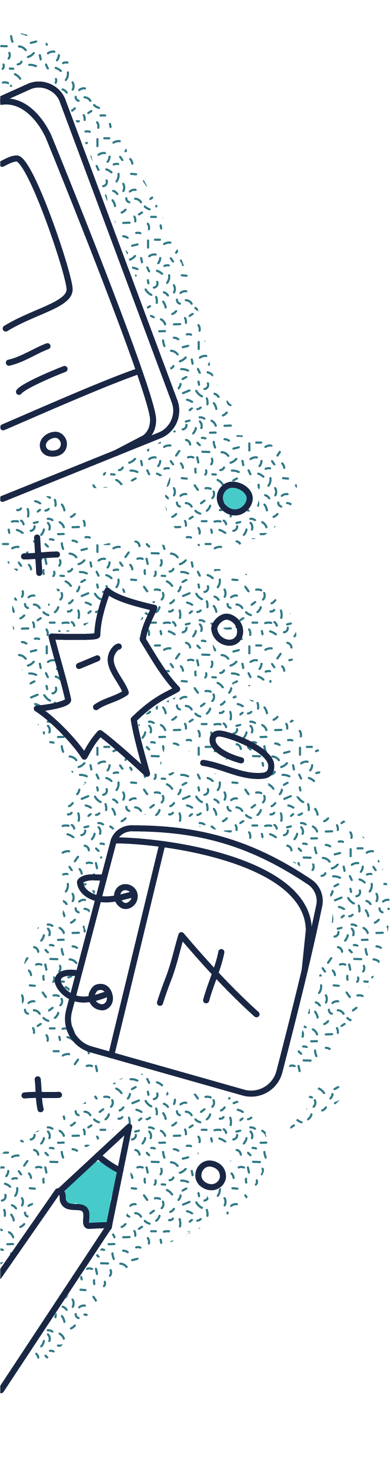 Illustration of a smartphone, a graph paper with a mountain chart, a pen, and assorted geometric shapes on a stylized background with abstract dotted patterns.