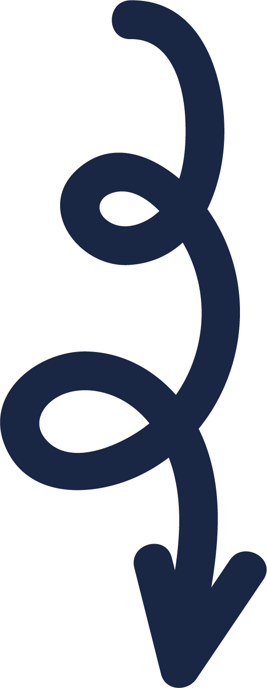 A black decorative arrow with curl accents pointing downward.