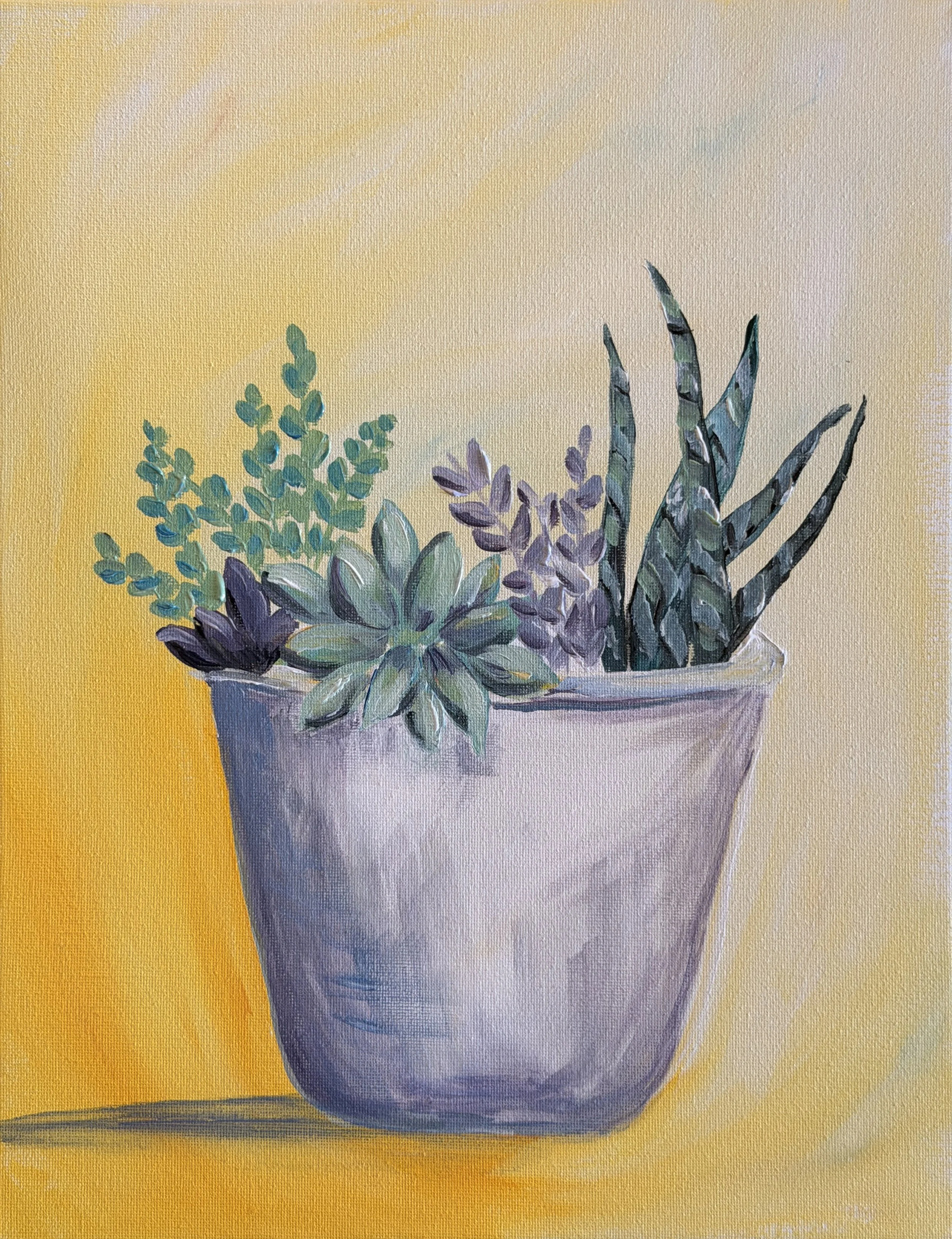 A painting of a purple flower pot with green and purple succulent plants against a yellow background.