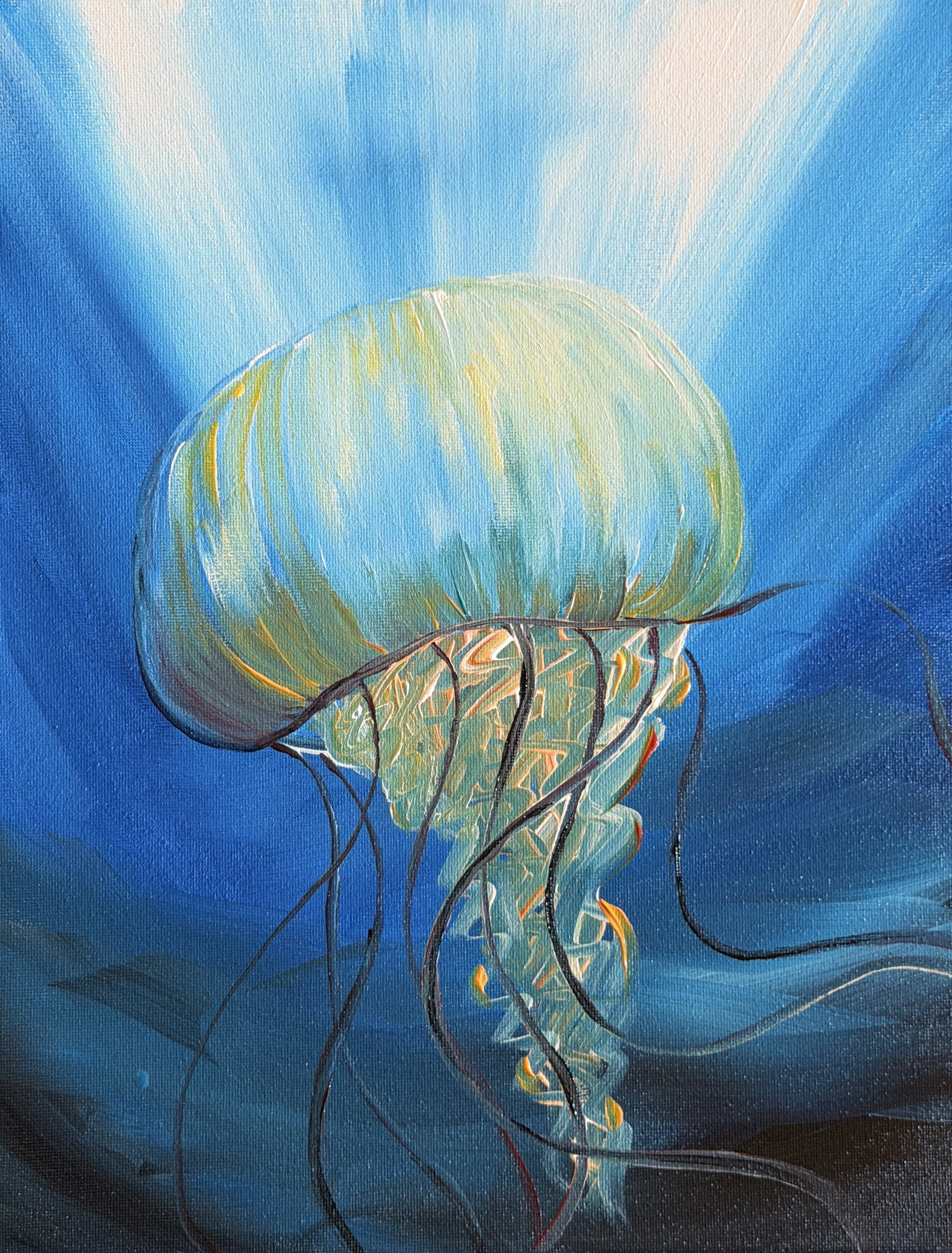 A painting of jellyfish with light green, yellow, and orange colors, floating against a deep blue background with white highlights.