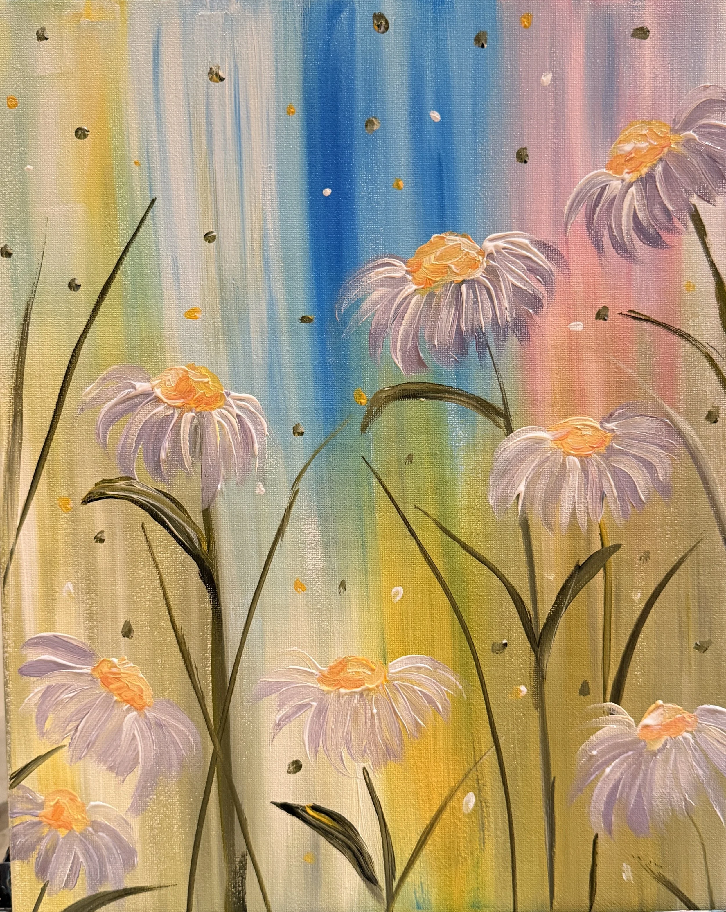 Abstract painting of pink and purple flowers with green and yellow background and scattered black, white, orange, and yellow dots.