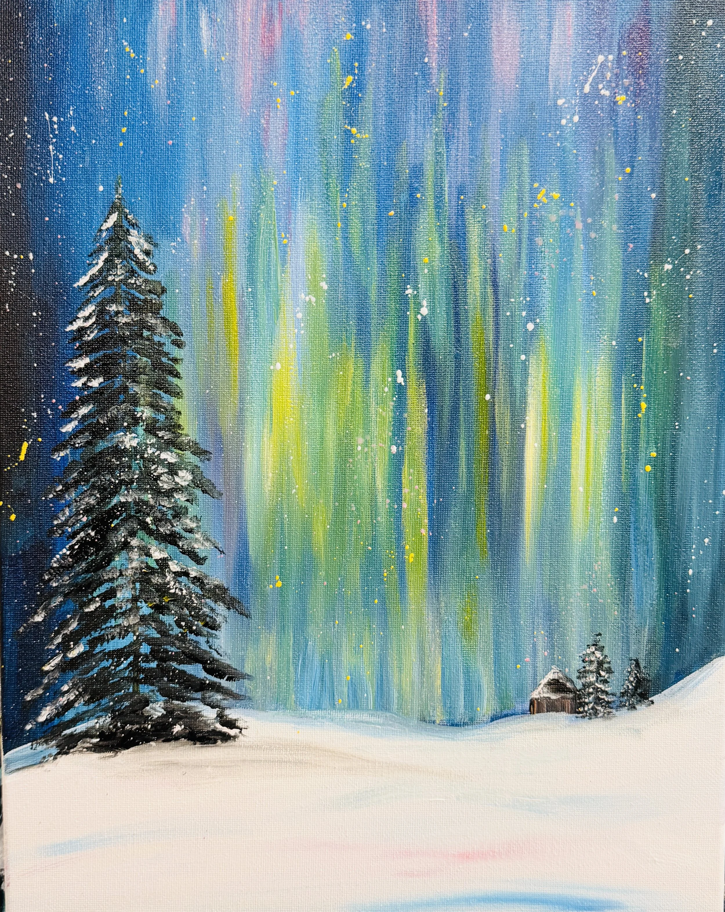A painting of a winter landscape with snow-covered ground, a tall pine tree on the left, and a small house with smoke coming from the chimney in the distance. The night sky is illuminated with vibrant colors reminiscent of the Northern Lights, includ
