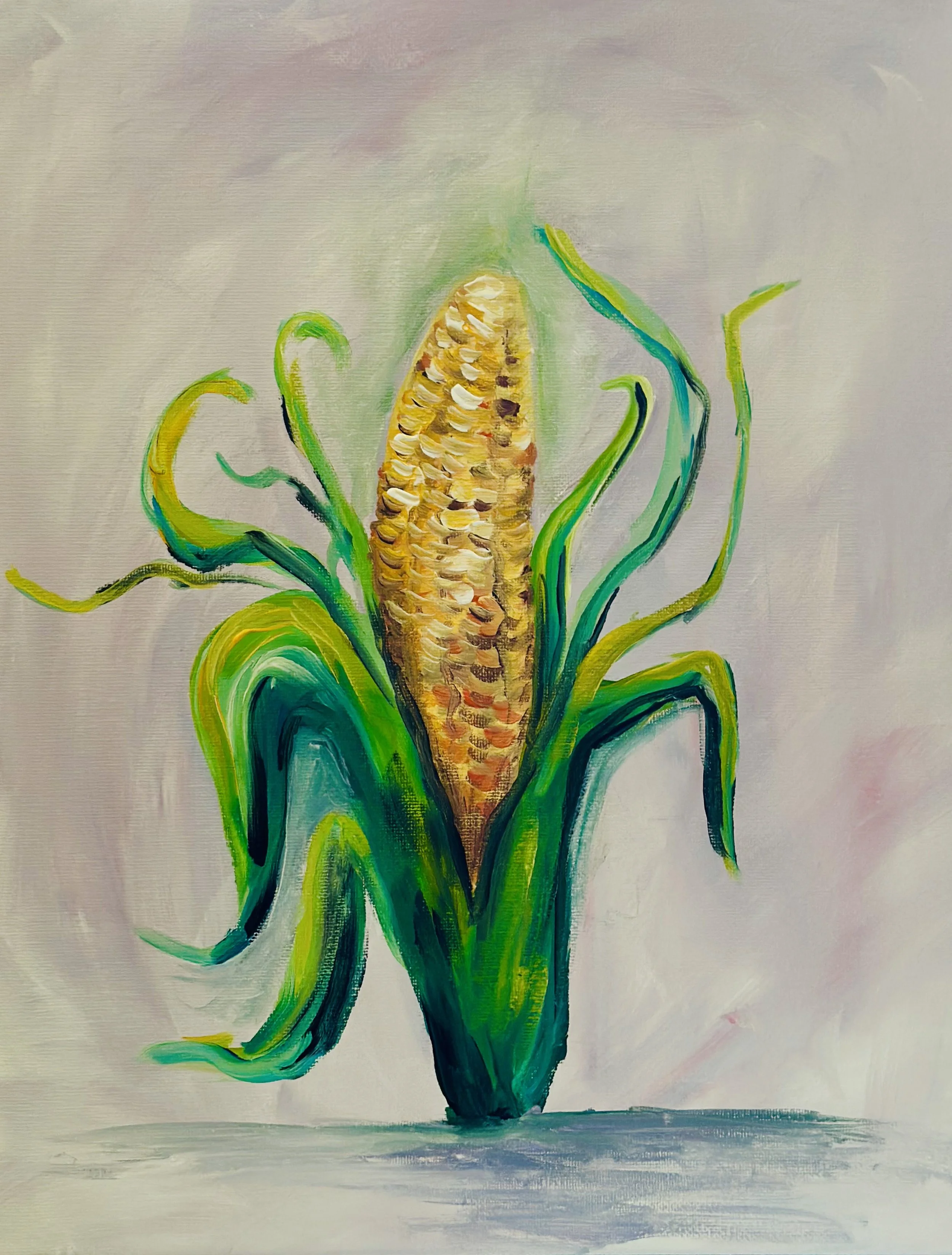A colorful abstract painting of a corn plant with green and yellow leaves and a yellow corn cob with brown spots, set against a soft, pastel background.