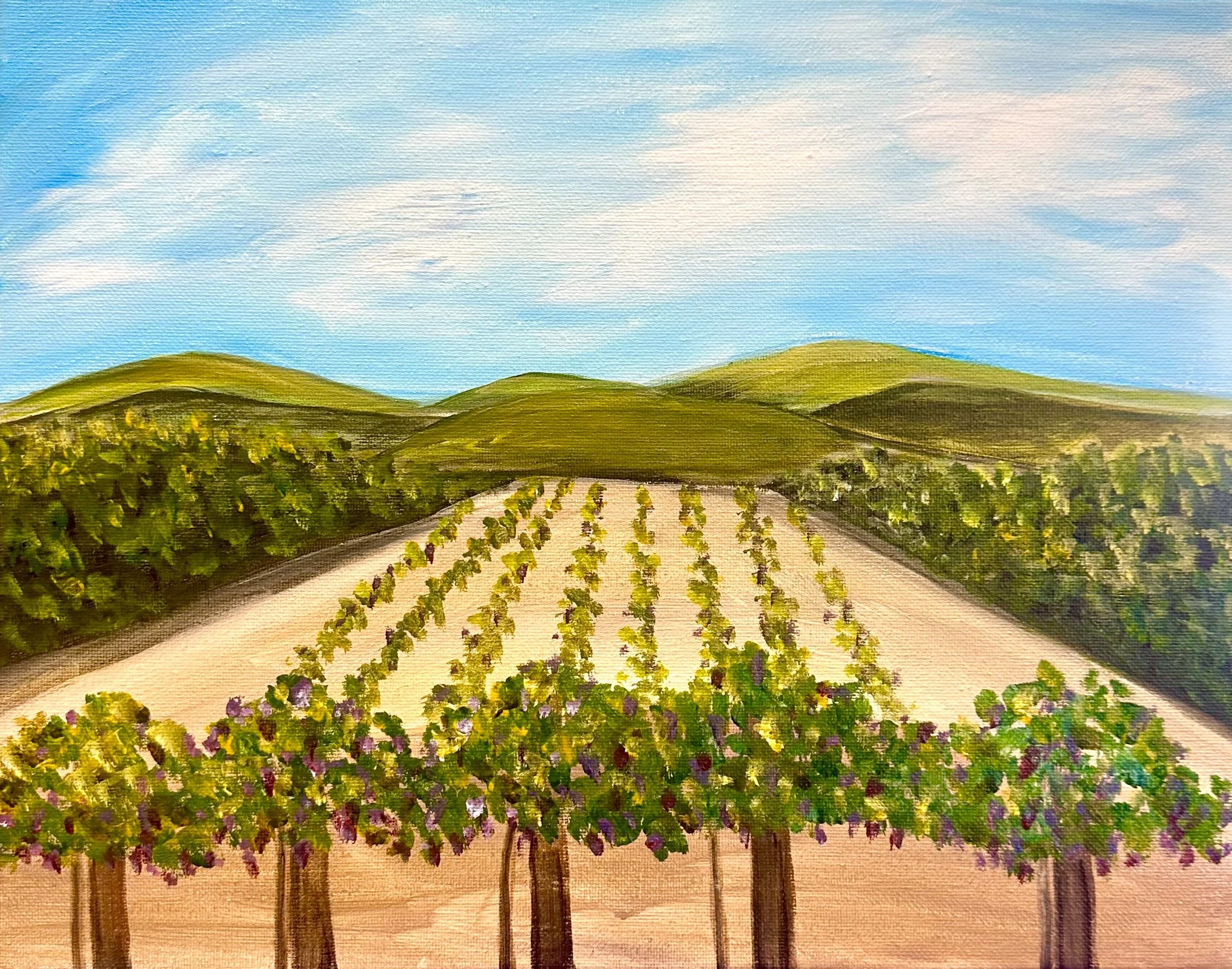 A landscape painting of green rolling hills under a blue sky with white clouds. There are rows of trees in the foreground and distant hills.