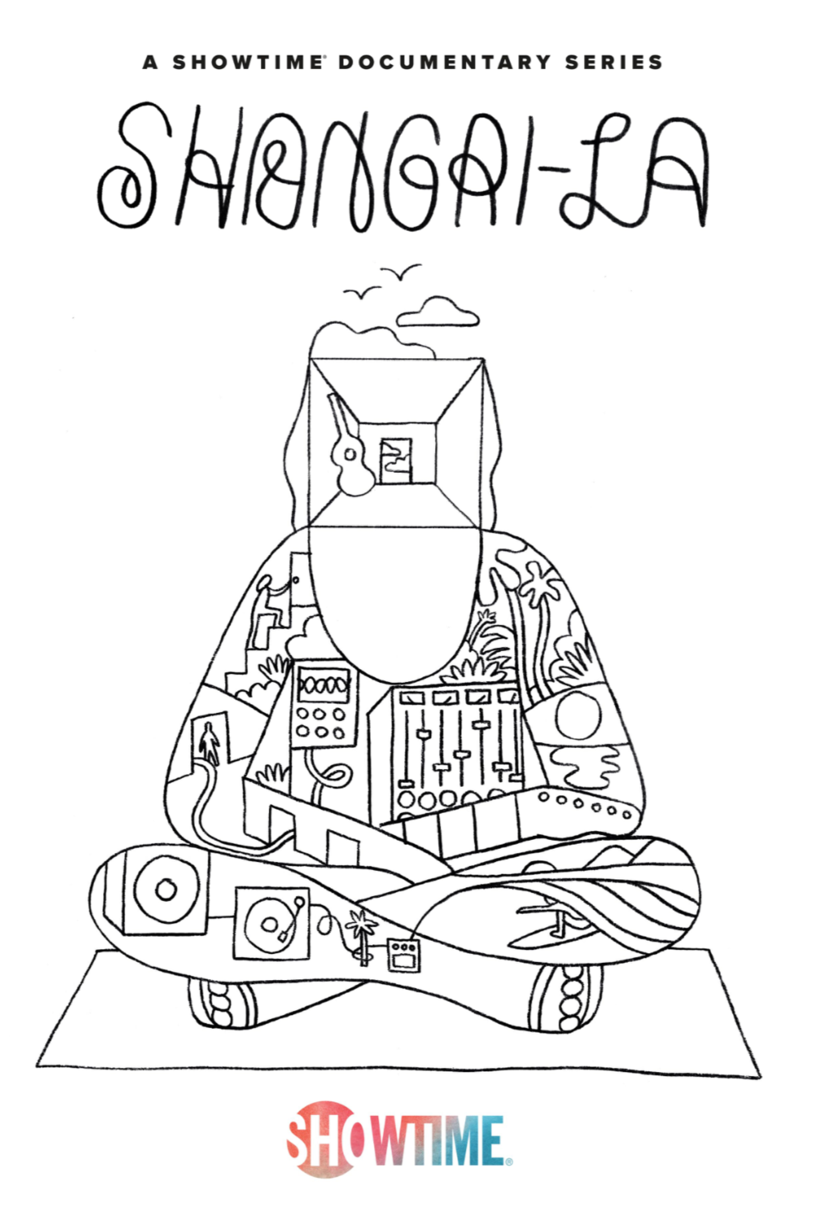 Coloring page featuring a person in meditation, with musical and technological symbols on their clothing. The top has the text 'A Showtime Documentary Series' and the bottom has the Showtime logo.