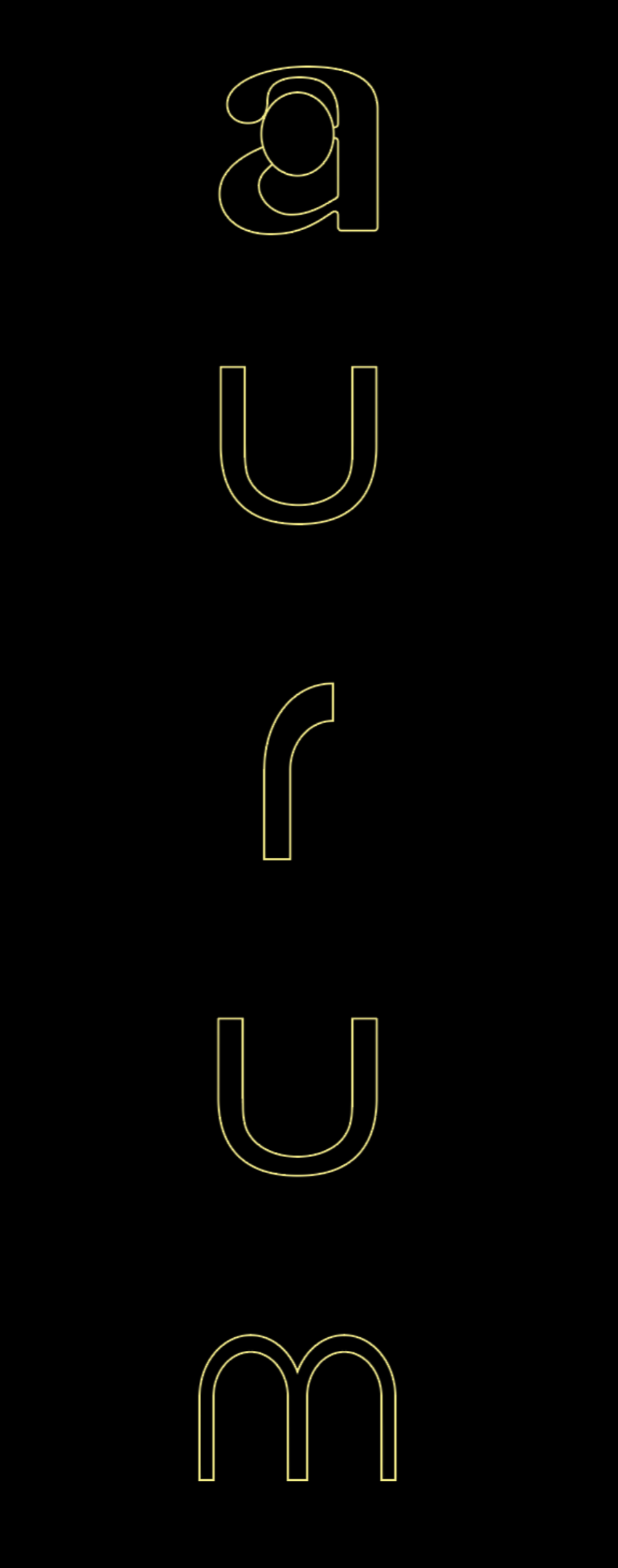 Neon sign spelling the word 'aurum' vertically, with a stylized face outline at the top of the letter 'a'.