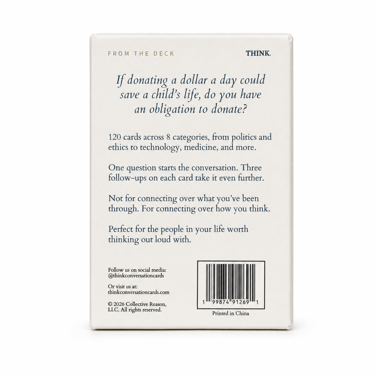 Back of the THINK. box, showing a sample question and the 120-card, 8-category deck description.