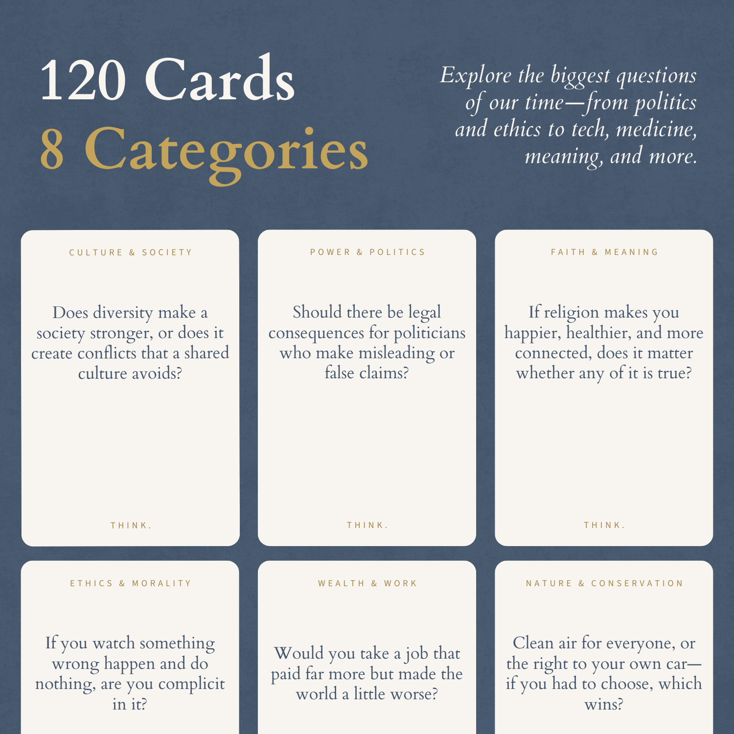 Example cards showing 6 of the 8 unique categories, from politics and tech to medicine, meaning, and more.