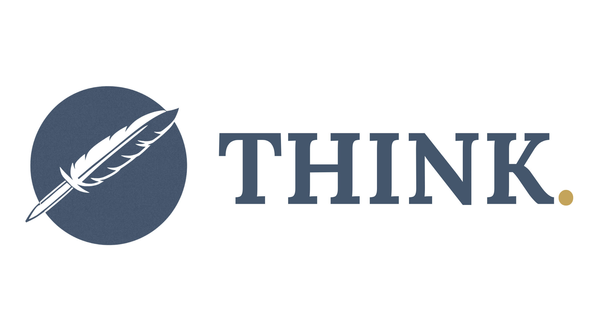 THINK. logo — a feather mark beside the wordmark, navy and gold