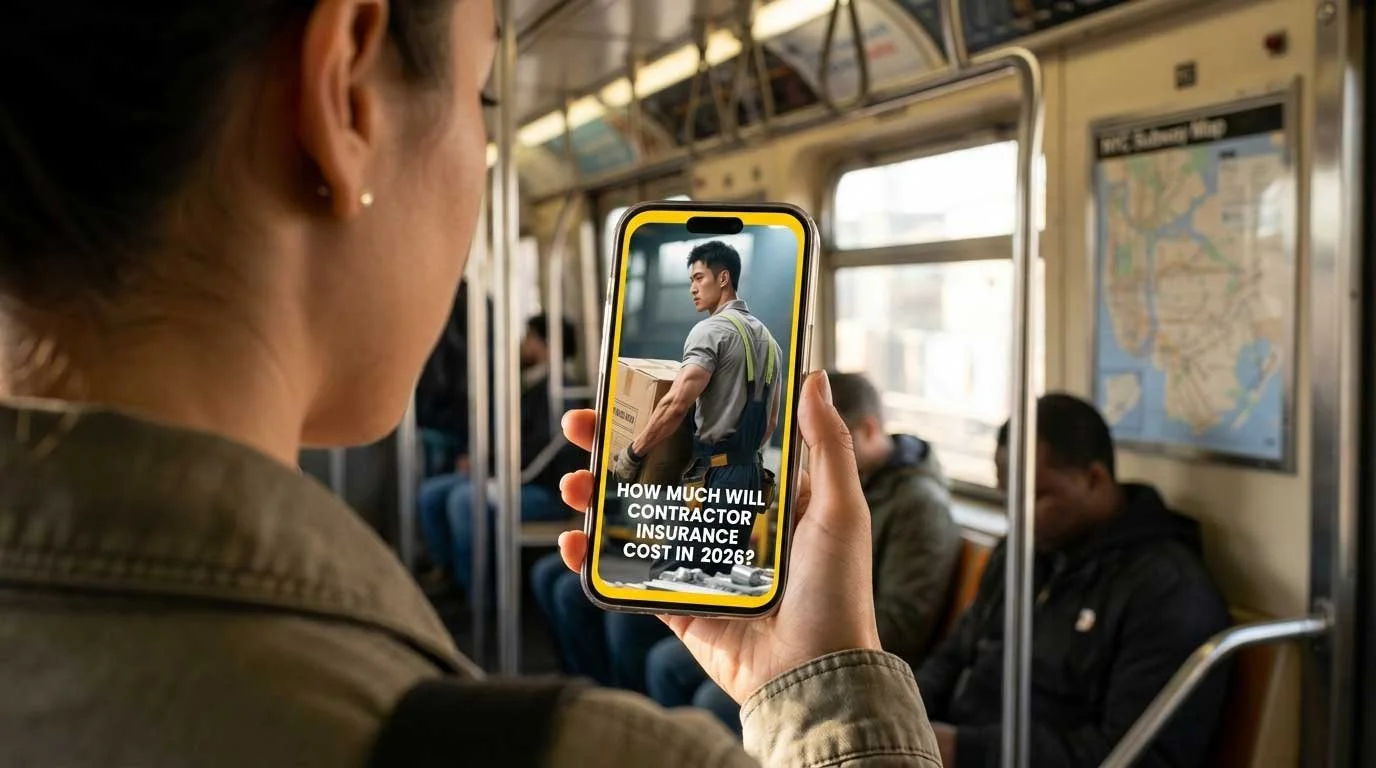 Commuter watches a Blue Rock Insurance Services instagram reels video regarding contractor insurance prices for 2026.