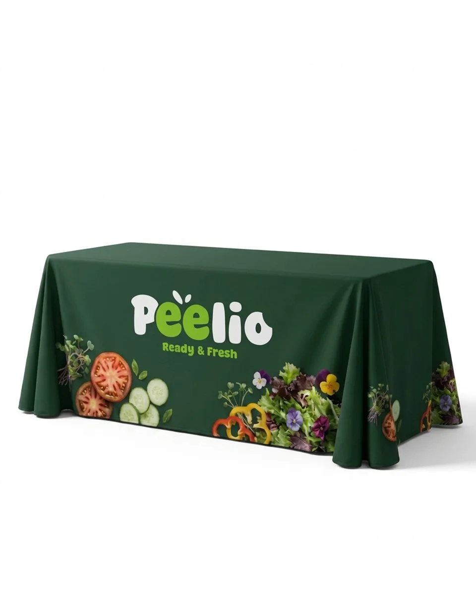 Dark green Peelia Ready & Fresh promotional table cover featuring tomatoes, cucumbers, peppers, microgreens, and edible flowers.