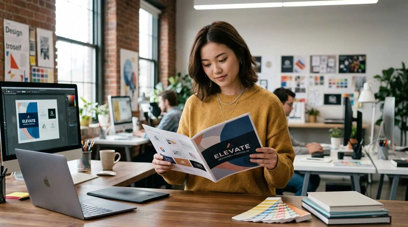 Young woman in yellow sweater reading a brochure in a creative office with design materials, computers, and colleagues working in the background.
