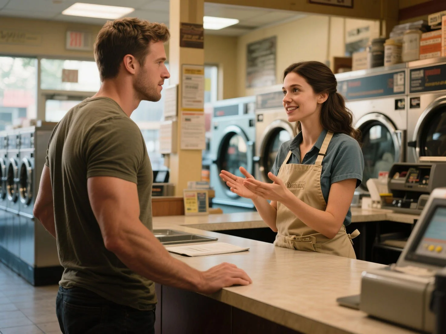 Laundromat employee demonstrating professional relationship marketing while assisting a customer at the counter.