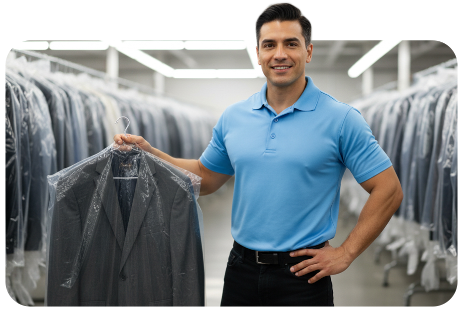 A man in a blue polo shirt holding a suit in a plastic cover inside a dry cleaning store.