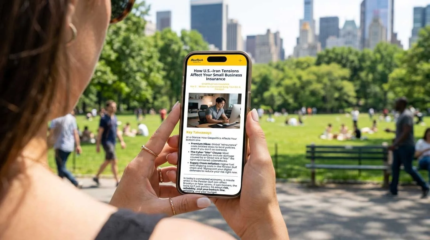 A person reading Blue Rock Insurance Services blog posts on a mobile phone while outdoors in a park with city views.