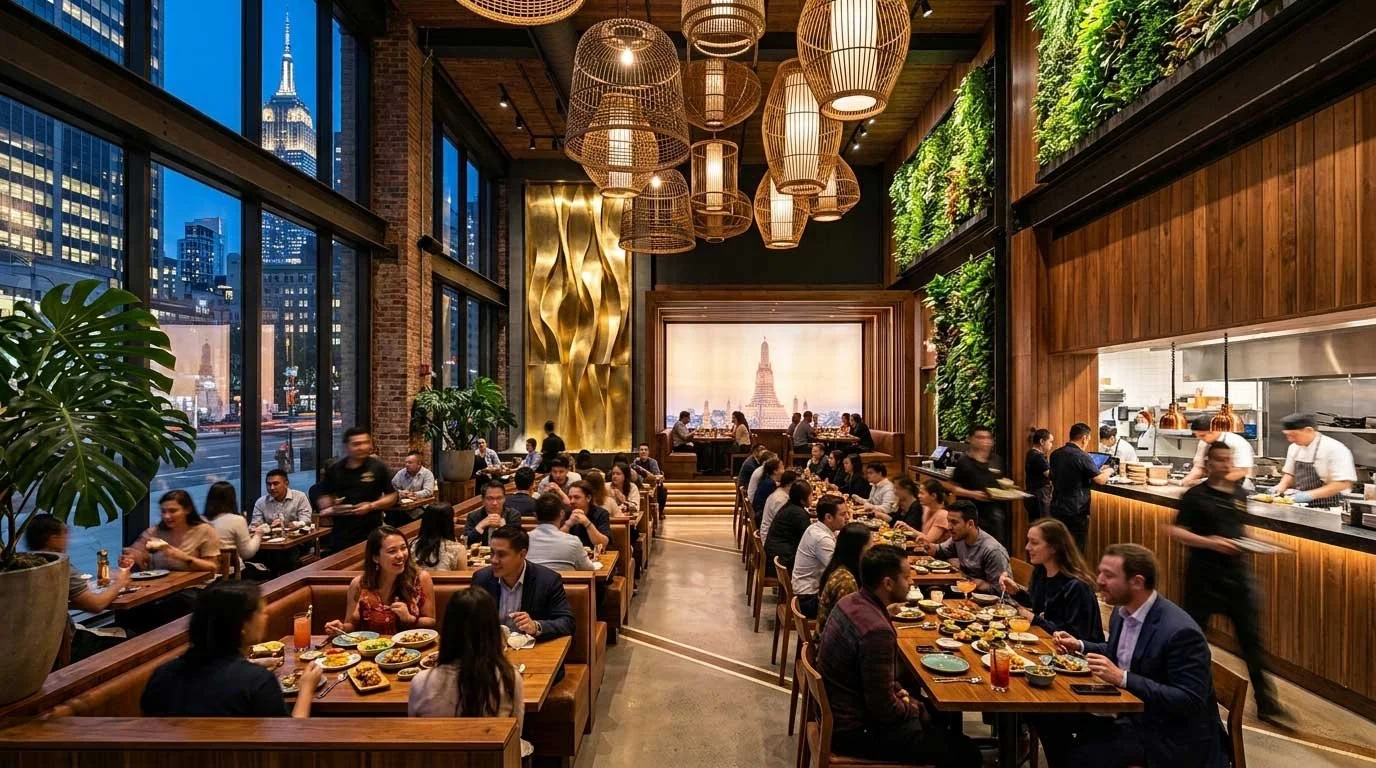Interior of a bustling restaurant with large windows, green plants, wooden decor, and hanging light fixtures, with many patrons dining and a city skyline visible through the windows.