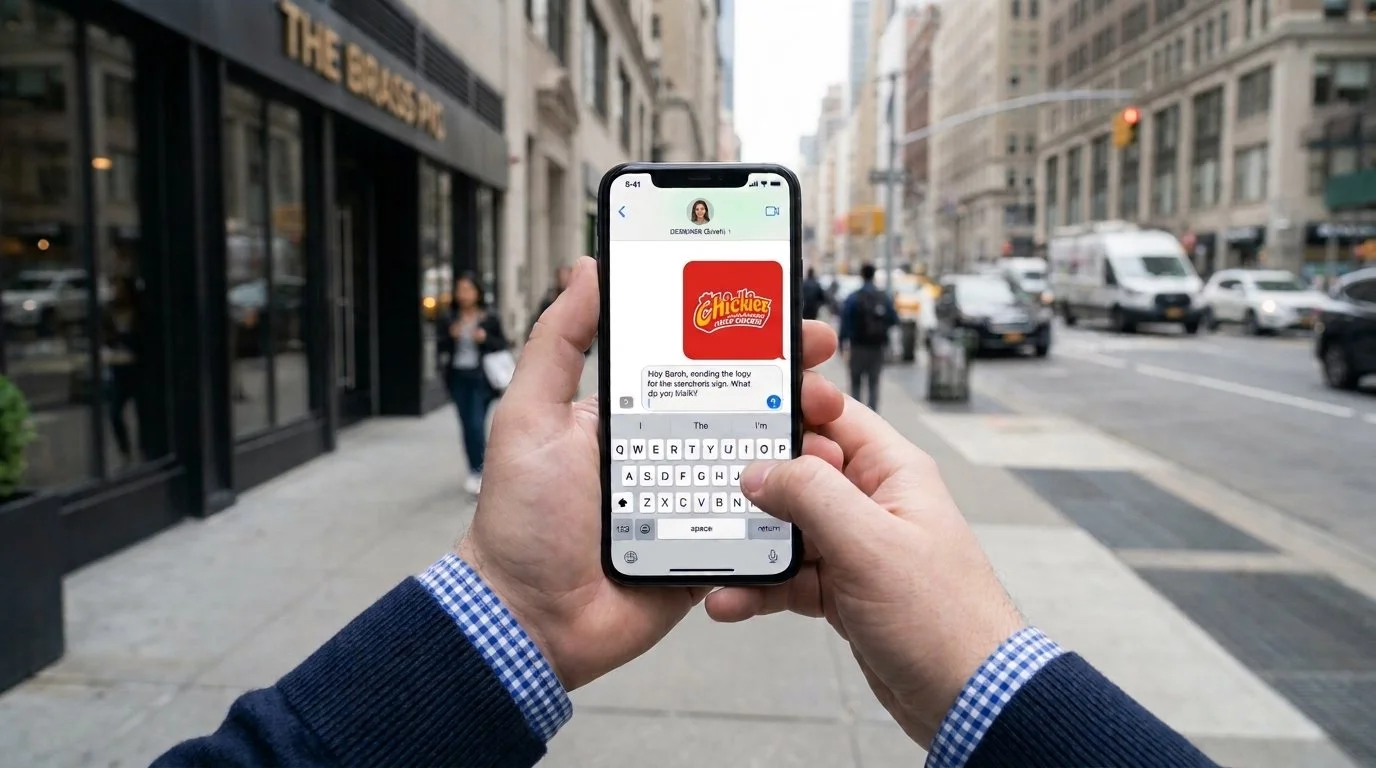 Person holding a smartphone displaying a Chick-fil-A logo and text message on a busy city street