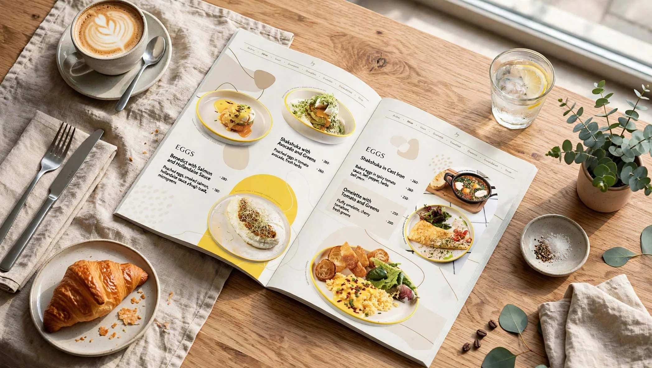Open English EGGS breakfast menu on a modern café table with latte, croissant, cutlery, and lemon water in bright light.
