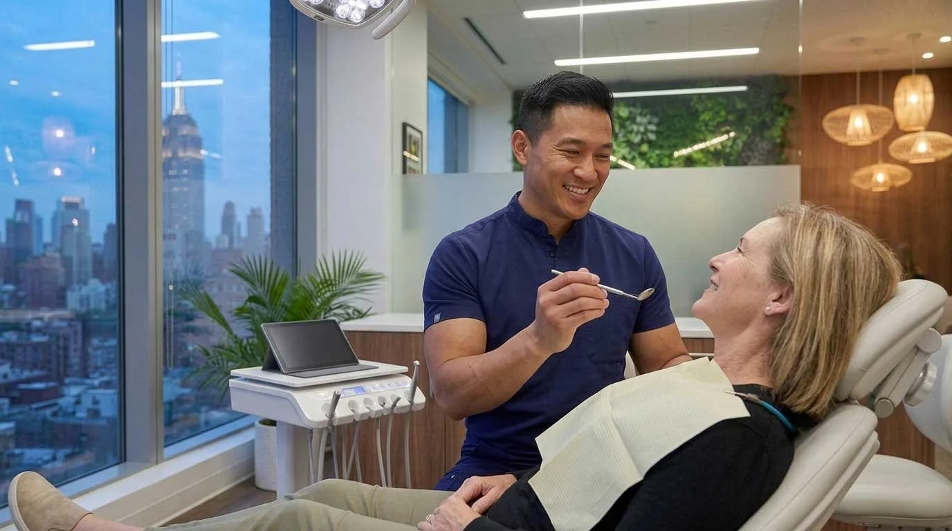 A dentist or dental hygienist in scrubs is smiling at a woman who is reclined in a dental chair. The woman appears relaxed and is smiling back. There are dental tools and equipment near them, with a cityscape visible through large windows in the background.