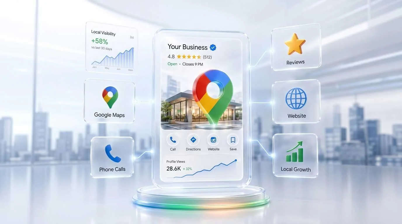 A digital interface display of business analytics and tools showing a smartphone with charts, icons for Google Maps, reviews, website, local growth, phone calls, and options for call, directions, website, and save, set in a modern city background.