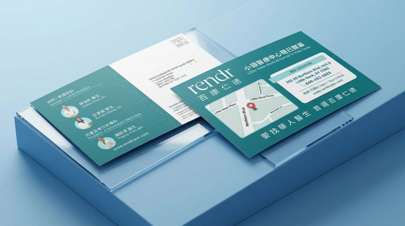 Promotional postcards for Rendr, Direct Mailing campaign displaying medical clinic info on an acrylic stand.