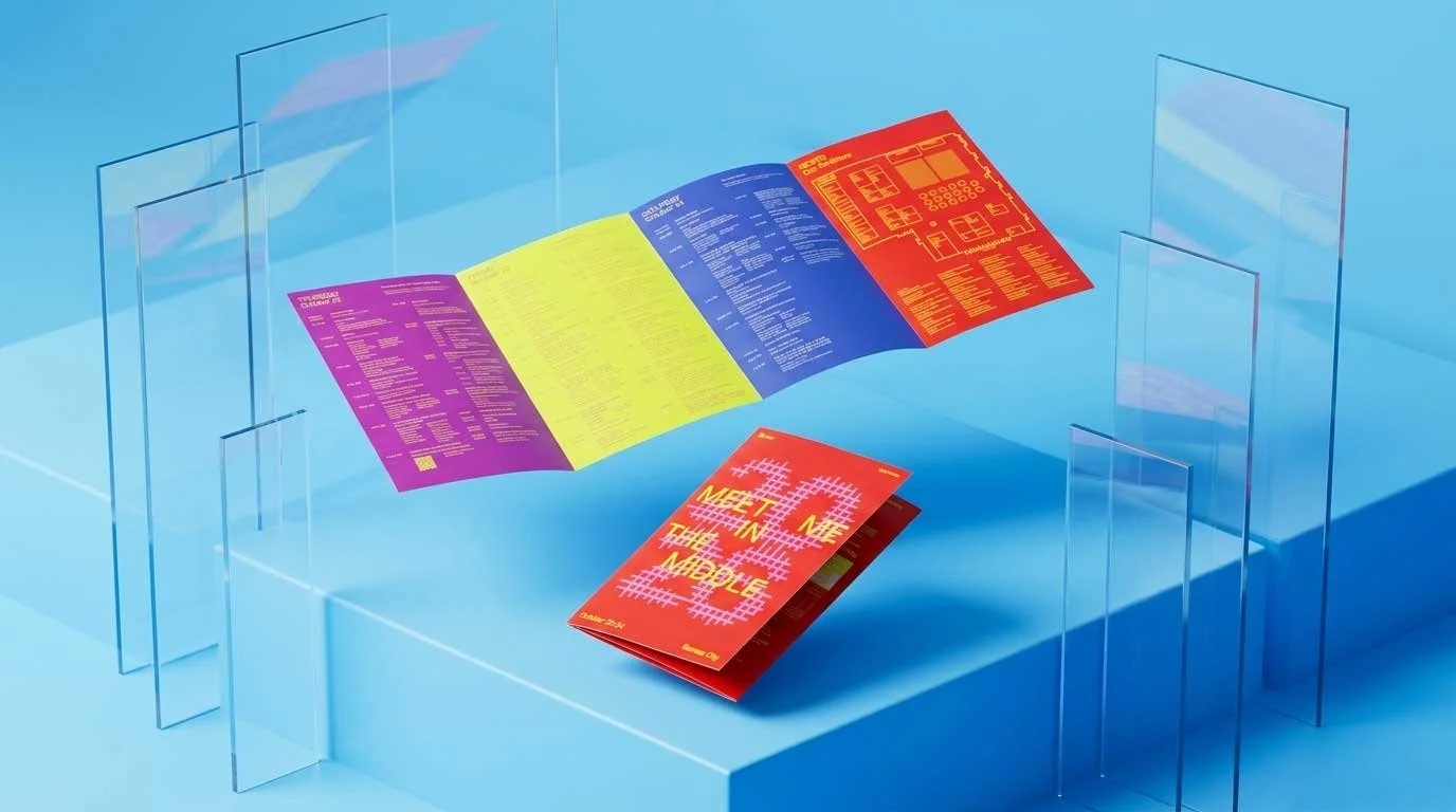 Red "MEET ME IN THE MIDDLE" poster for the Kansas City conference, October 22–24, 2026, floating above a round blue podium, flanked by clear acrylic panels reflecting the poster.