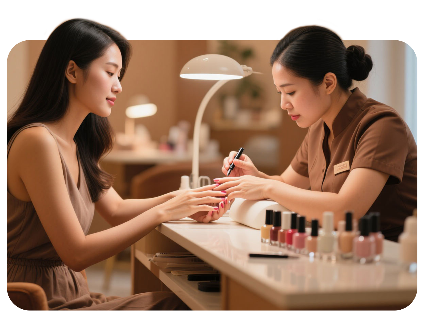 A professional nail technician provides a quality manicure to a client, ideal for a beauty salon's social media page.