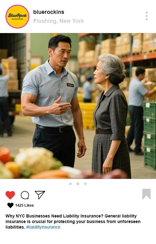Instagram post by BlueRock Insurance highlighting liability insurance for NYC businesses with an image of a warehouse.