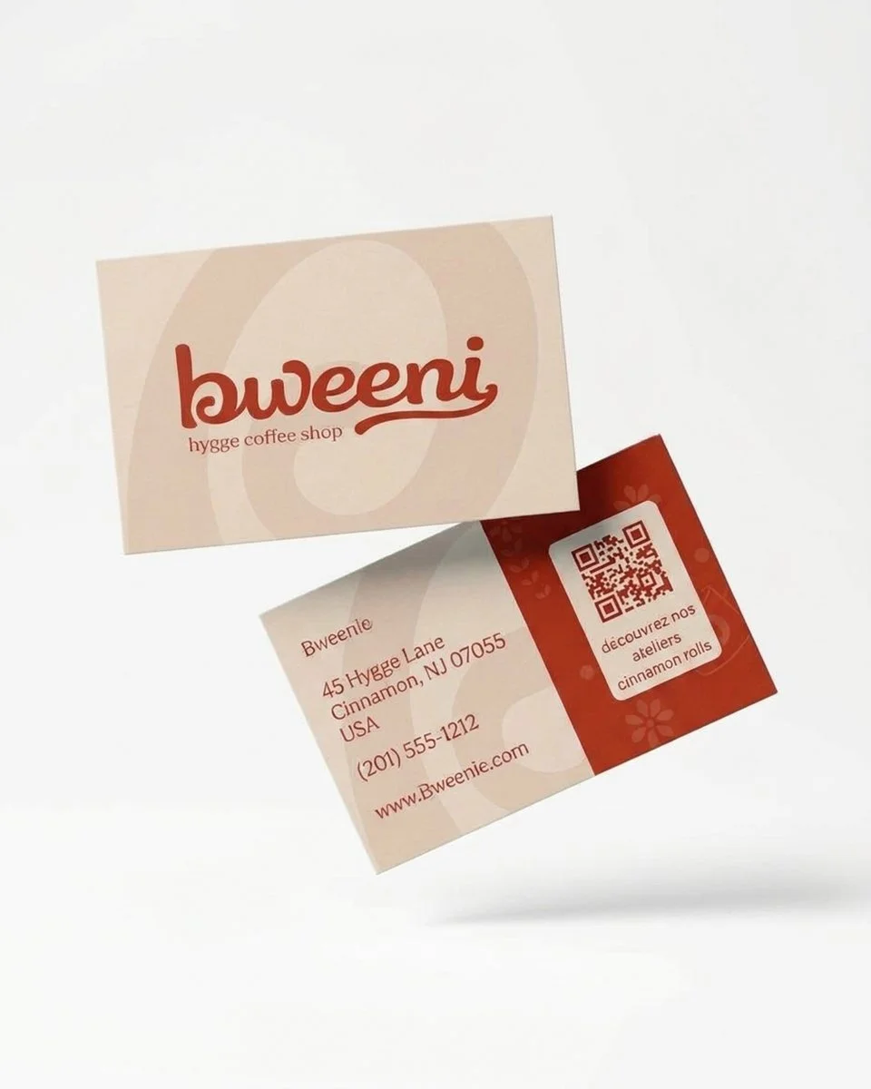 Bweenie Hygge Coffee Shop business cards featuring a logo, New Jersey address, phone number, website, and QR code for cinnamon rolls