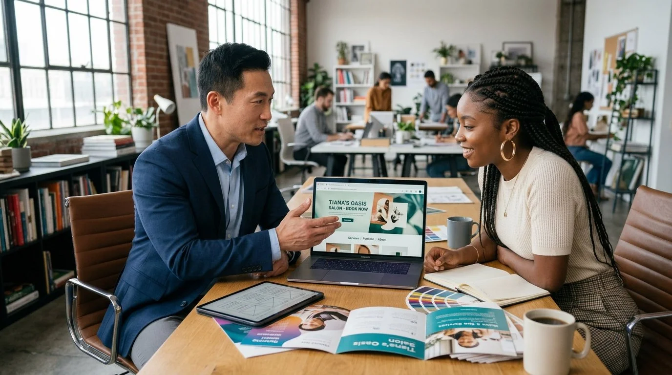 Two people sitting at a table in a bright office, engaged in conversation while looking at a computer screen. The man is wearing a blue blazer, and the woman is wearing a white top. The table has magazines, a coffee mug, and a tablet.
