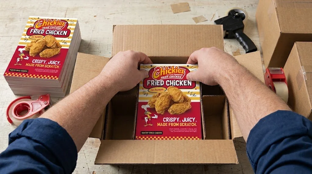 Person packing a Chickiez Fried Chicken food box into a cardboard shipping box