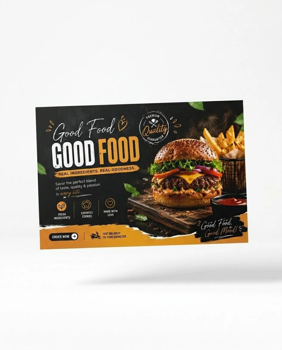 Burger restaurant advertisement postcard featuring a cheeseburger, fries, quality ingredients, and fast delivery messaging