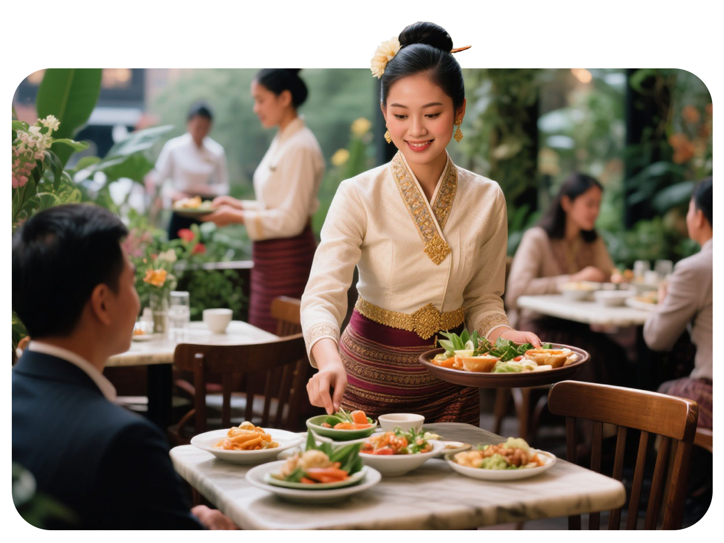 Waitress serving traditional dishes, showcasing how small business digital marketing improves local restaurant visibility.