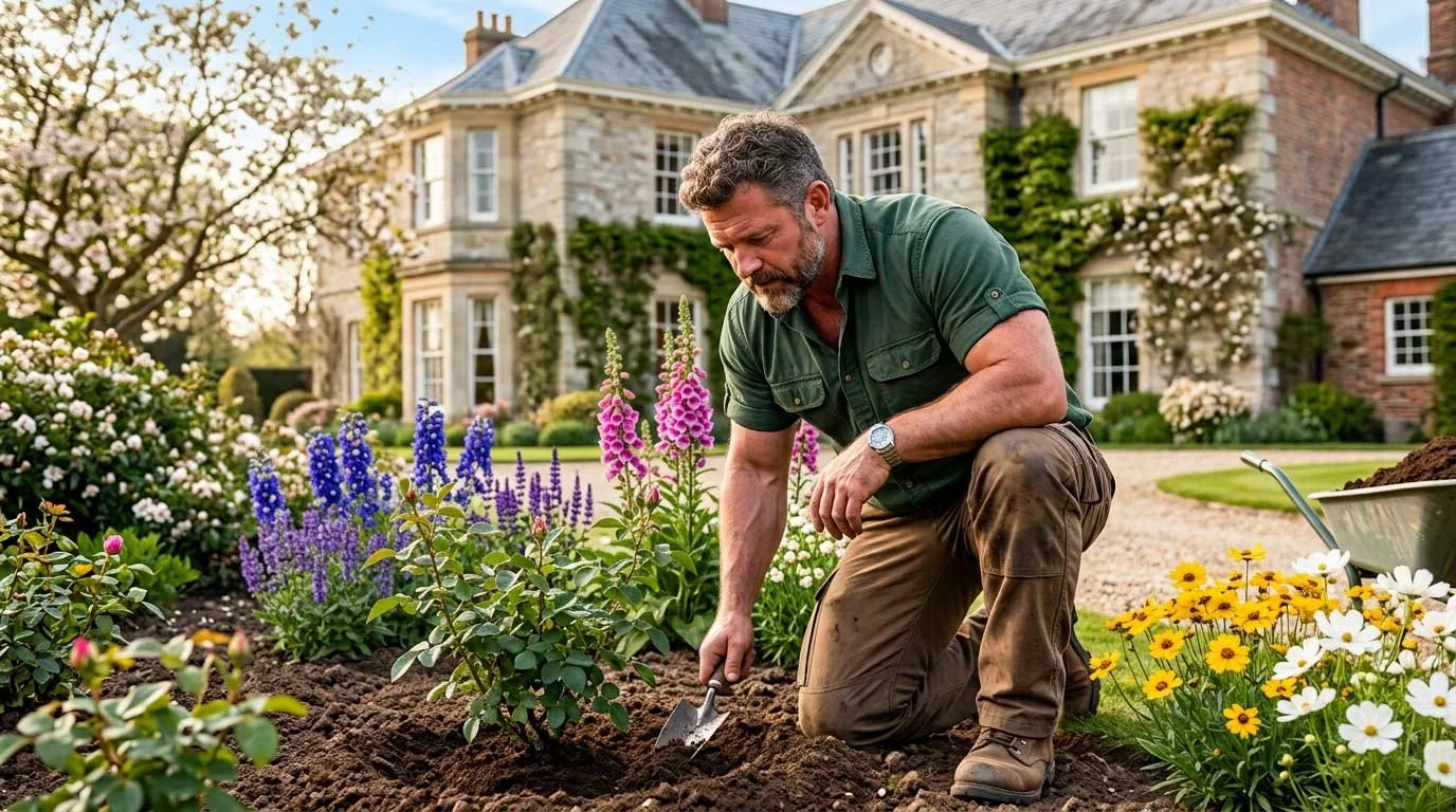 A man planting a flower in a garden in front of a large house with a stone facade, surrounded by various blooming flowers and plants during spring.