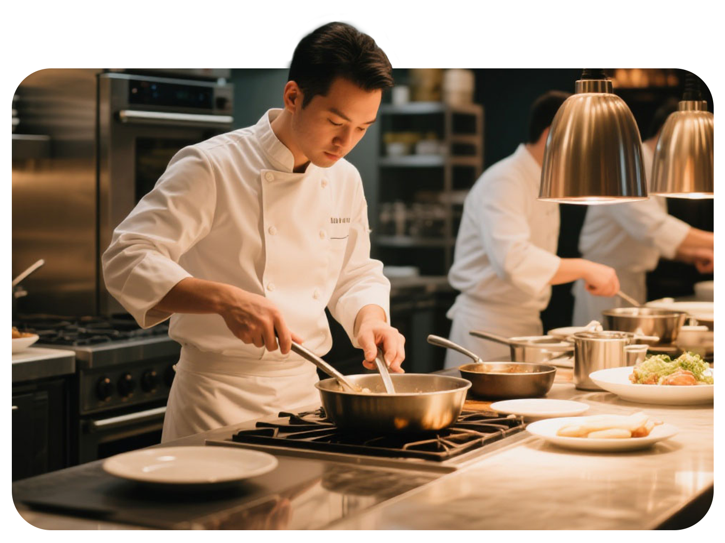 A Chinese chef busy working in the model kitchen. He doesn't have time to create his menu and promotions of his restaurant. Post Heritage lab services can help restaurant owners to solve their marketing problems.