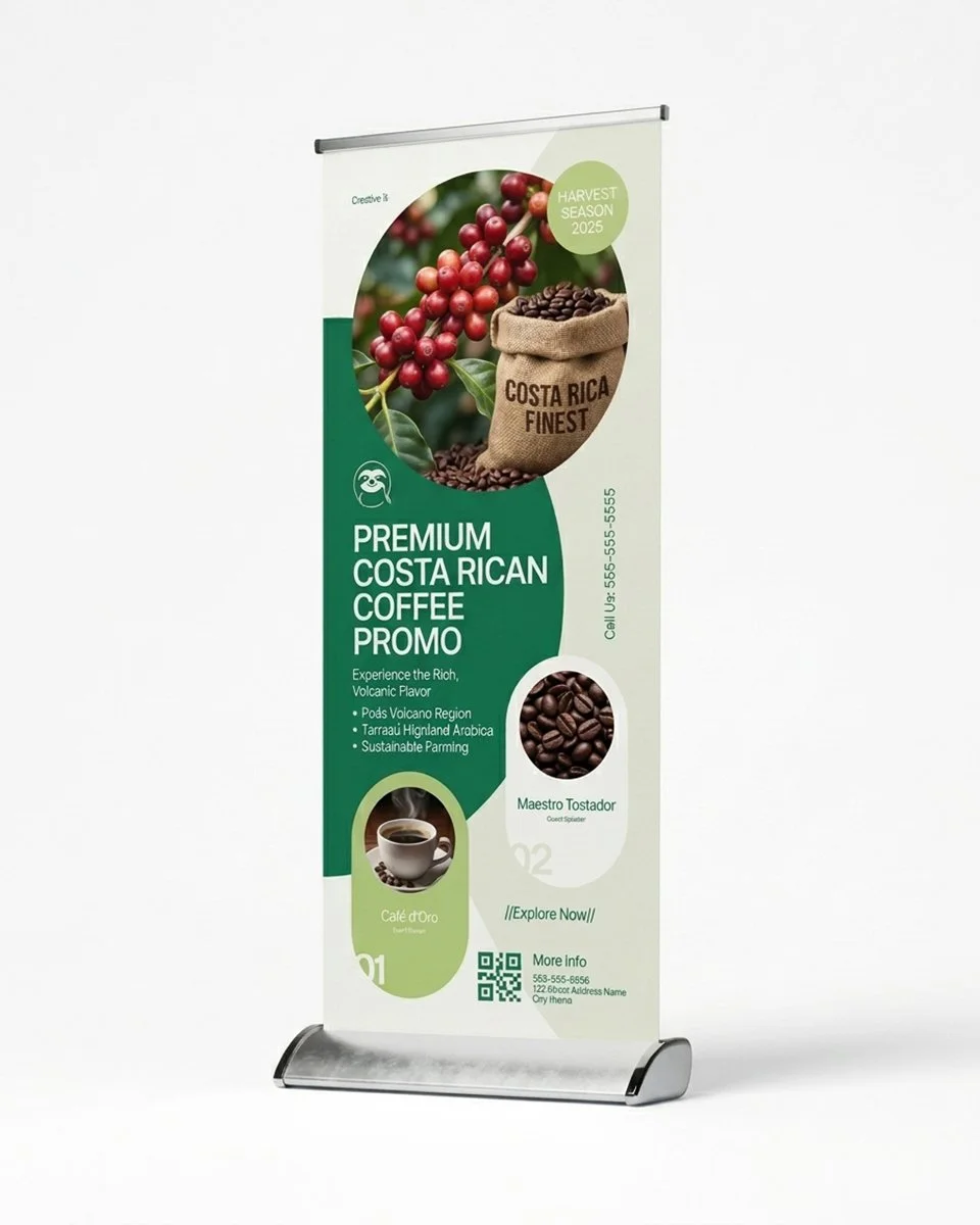 Roll-up banner with stand advertising premium Costa Rican coffee, featuring coffee cherries, beans, a burlap coffee sack, and a QR code.