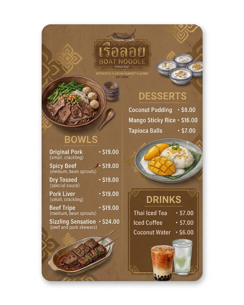Thai boat noodle restaurant synthetic menu featuring noodle bowls, desserts, mango sticky rice, skewers, and drinks with prices