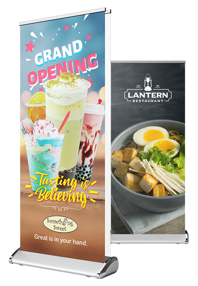 Professional Banner Stand design featuring vibrant sweet drink graphics and a bowl of ramen for restaurant promotion.