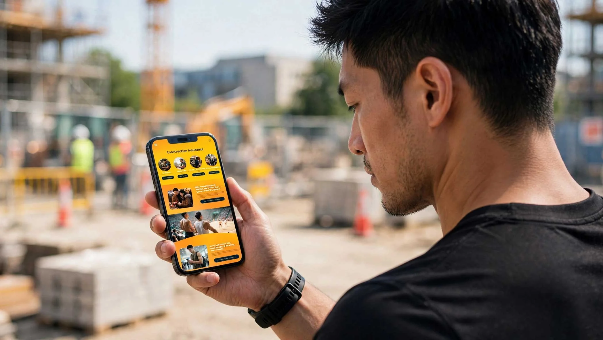 Over-the-shoulder view of a muscular Asian man at a construction site, holding an iPhone showing the Construction Insurance website's travel insurance section, with cranes and scaffolding blurred in the bright daylight background.