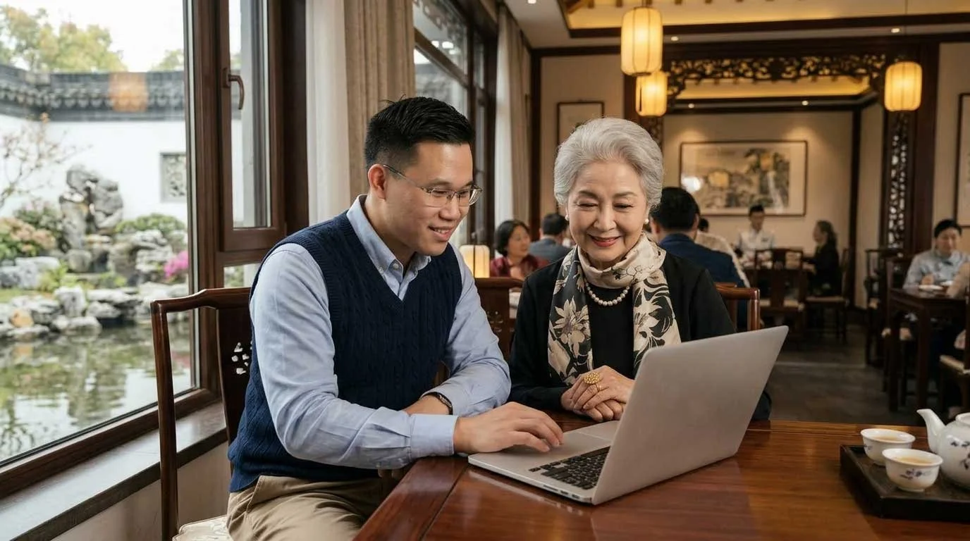 A young man and an elderly woman sitting at a restaurant table, looking at a laptop together, with a view of a traditional Japanese garden outside the window.