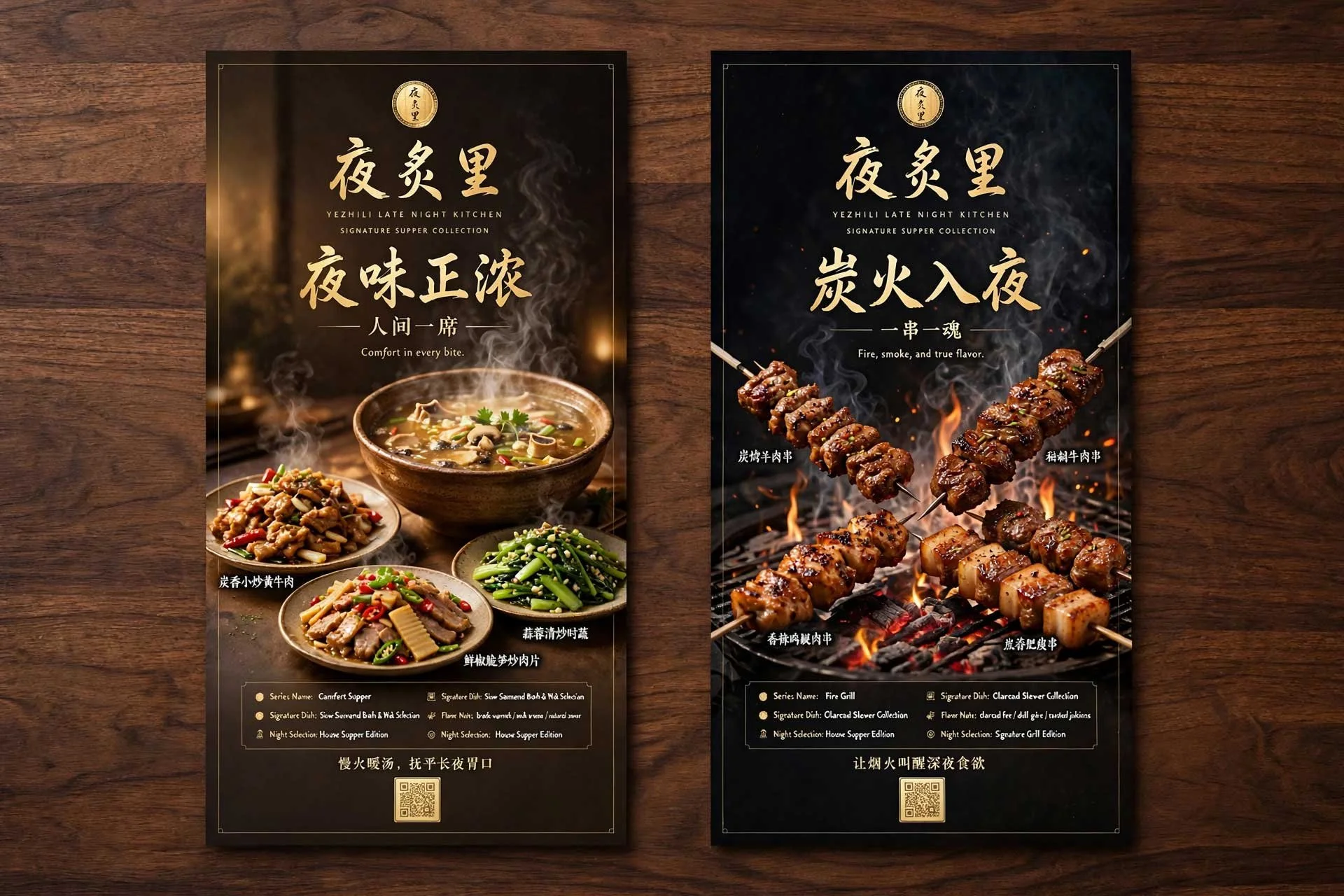 Two-panel YEZHILI Late Night Kitchen poster: Comfort Supper with soup and wok dishes, Fire Grill with charcoal skewers.
