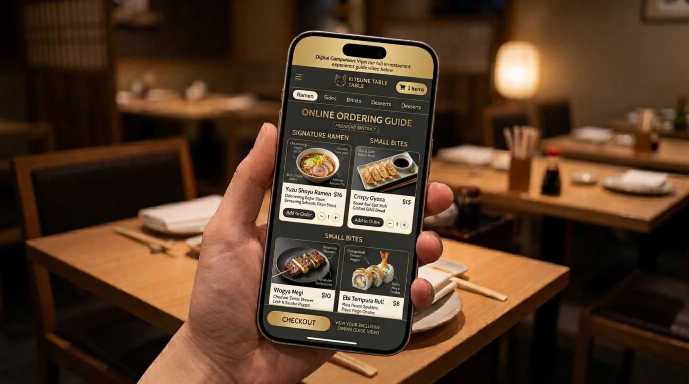 Hand holding an iPhone showing the Kitsune Table dark online ordering menu with ramen, prices, and checkout button.