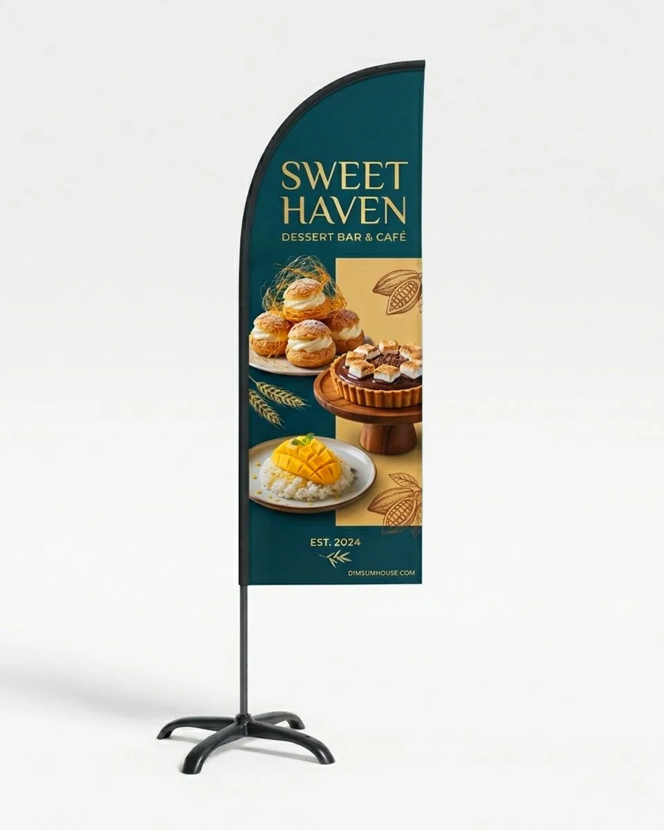 Teal Sweet Haven dessert bar and café feather flag featuring cream puffs, chocolate tart, and mango sticky rice