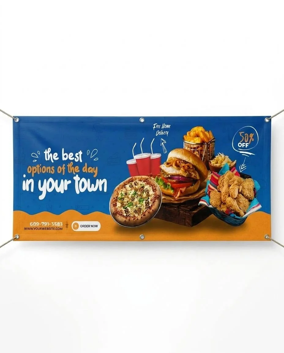 Blue and orange food delivery indoor banner featuring pizza, burger, fries, fried chicken, drinks, and a 50% off promotion.