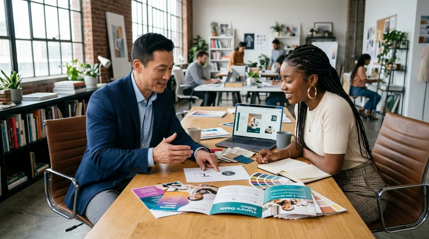 Two professionals having a discussion at a desk in a bright, modern office with bookshelves and large windows. There are magazines, a laptop, and coffee cups on the table.