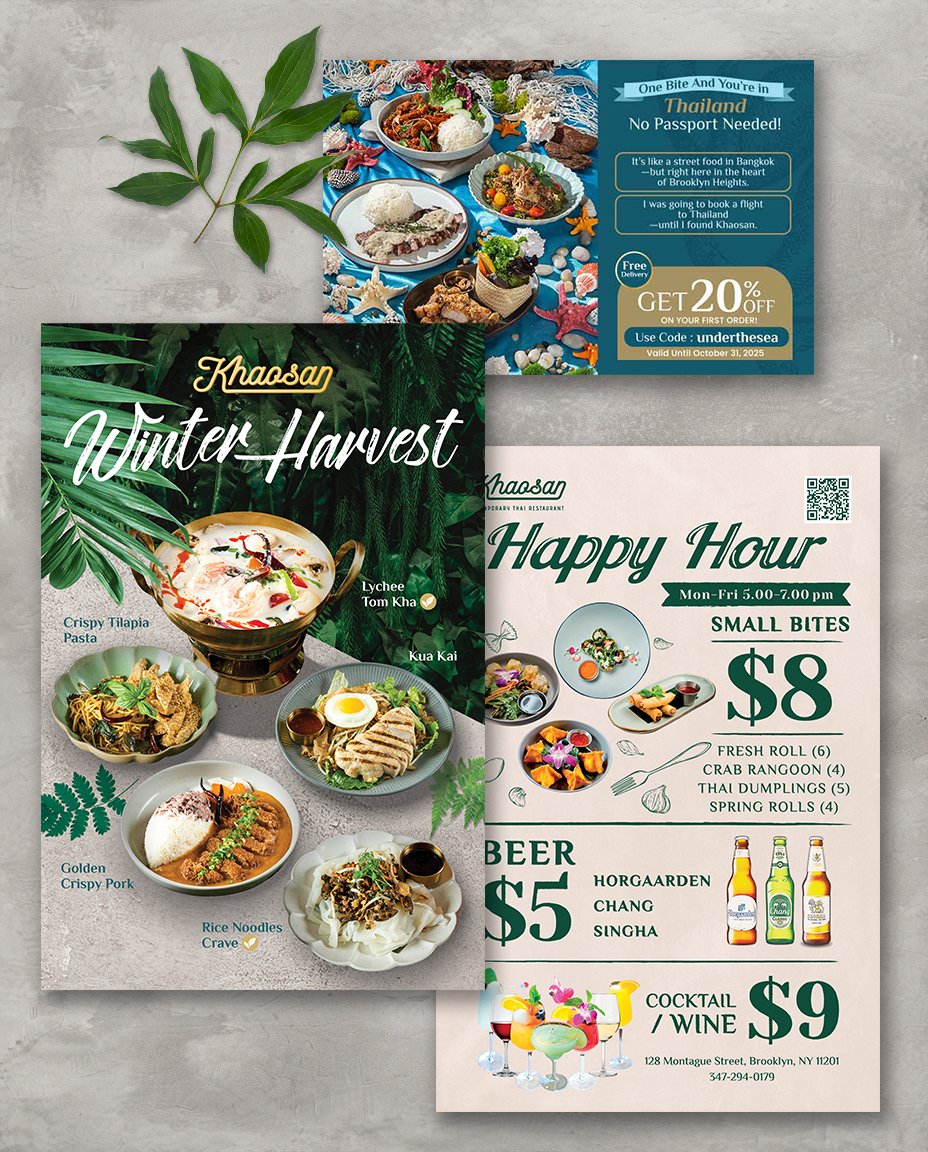 Three restaurant flyers on a textured gray surface, with green leaves nearby. The top flyer features Thai dishes with a blue background, offering a 20% discount code 'underthesea' valid until October 31, 2025. The middle flyer promotes the restaurant's Winter Harvest menu with dishes like lychee and Tom Kha, set against a lush green tropical background. The bottom flyer advertises happy hour deals, small bites for $8, beers for $5, and cocktails or wine for $9, with the address in Brooklyn, NY.