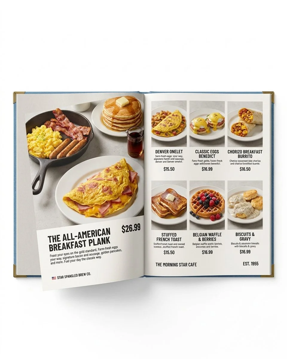 Open diner breakfast dine-in menu cover featuring an all-American breakfast platter, pancakes, omelet, eggs Benedict, breakfast burrito, French toast, Belgian waffle, and biscuits with gravy.