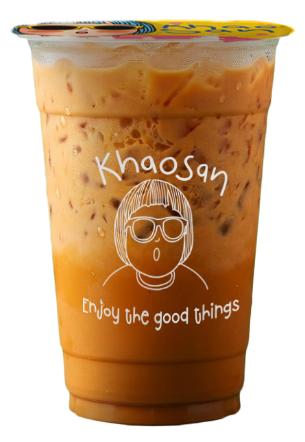 A plastic cup of iced coffee or tea with a sealed colorful lid, featuring the brand name 'Khaosan', a line drawing of a girl with sunglasses, and the phrase 'Enjoy the good things' on a green background.