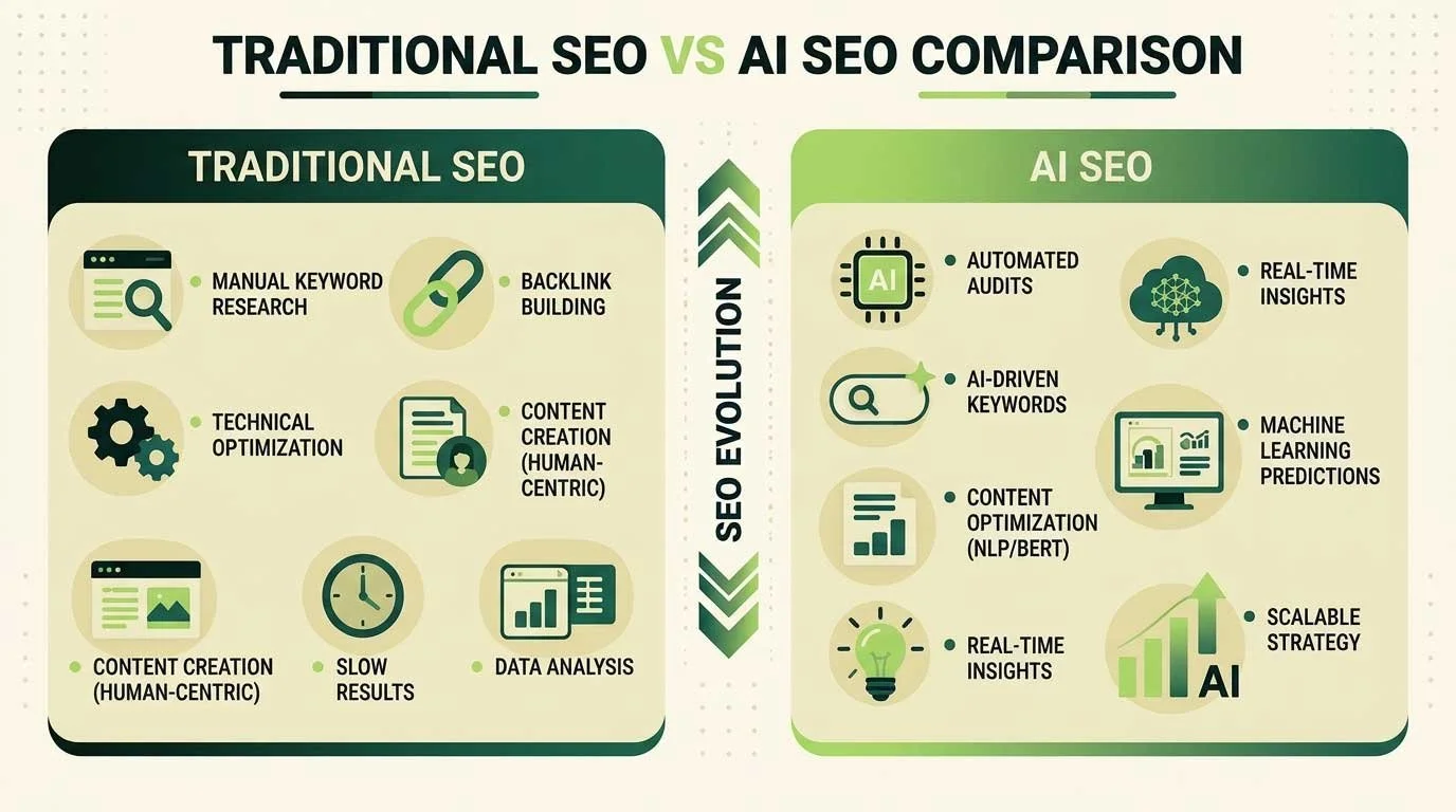 Side-by-side infographic comparing Traditional SEO and AI SEO.