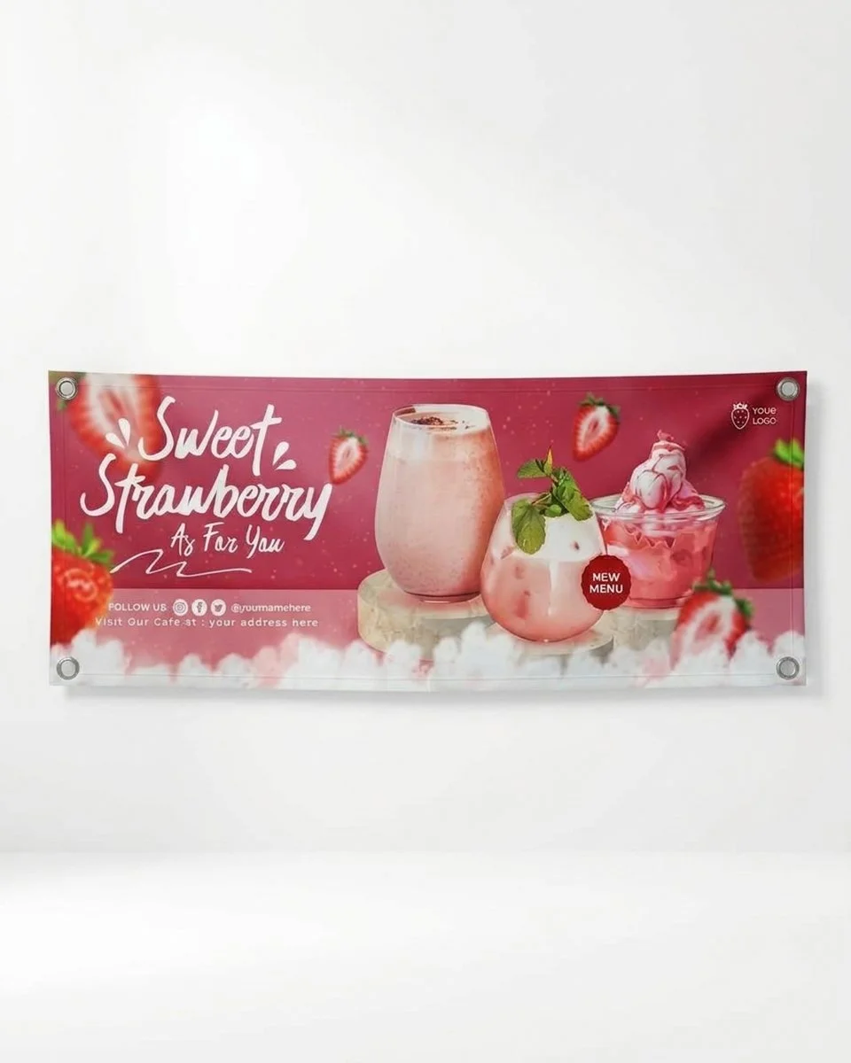 Strawberry-themed cafe indoor banner featuring three pink drinks, fresh strawberries, mint leaves, and “Sweet Strawberry” promotional text.